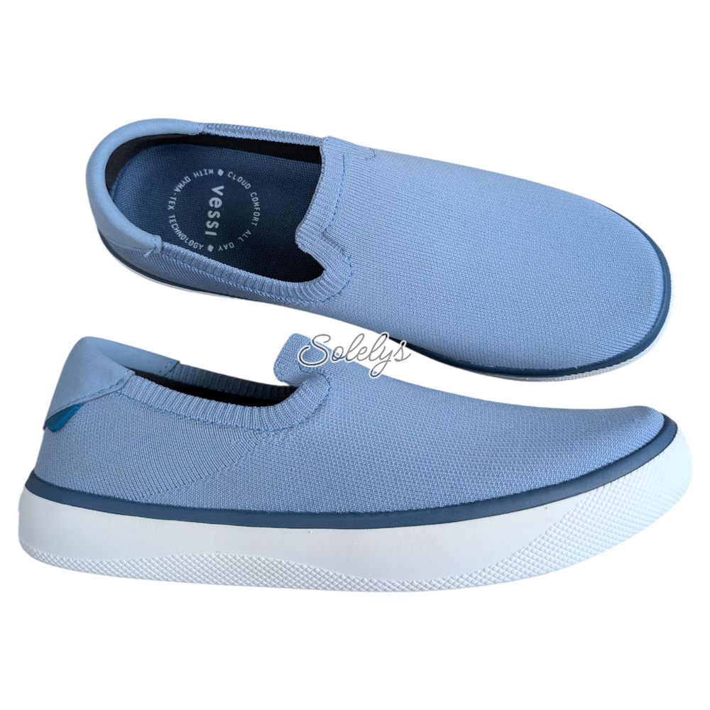 Vessi Boardwalk Slip-On Womens 9 Tidal Blue Gray Waterproof DymaTex Knit Sneaker